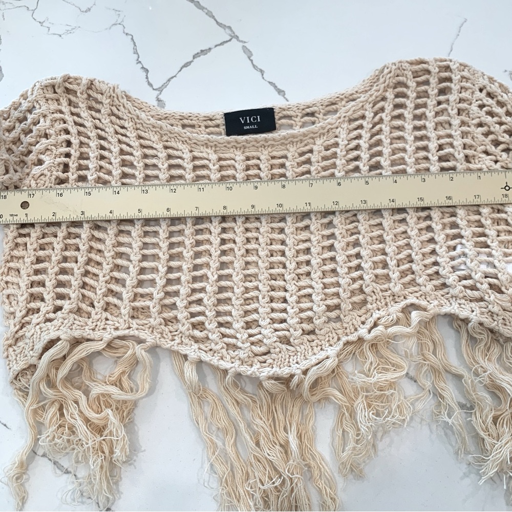 🌞 VICI Arloe Open Knit Fringe Crochet Top Crop Sweater Cream Small S - Picture 9 of 14